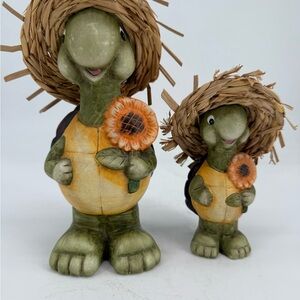 Charming Green Turtle Figurines with Sunflower Accents